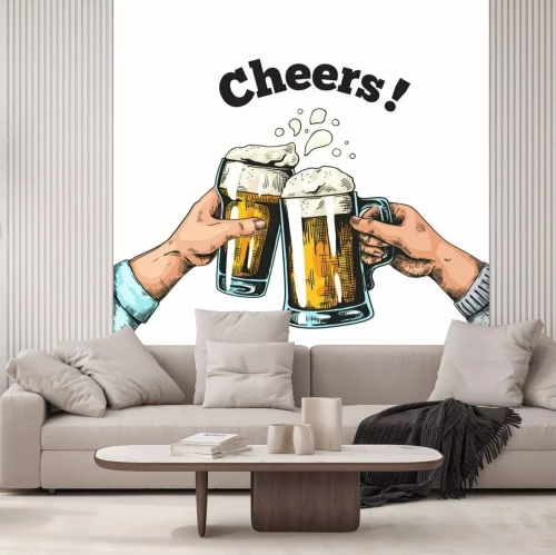 Sticker  Hands with beer mugs. Hand drawn poster with vintage pub glasses with beer and hands, colored ink sketch alcohol beverages. Vector illustrations pub toast template for party in restaurant or bar