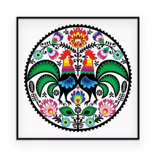 Poster  Motif folklorique avec des fleurs et des coqs dans le style de Łowicz