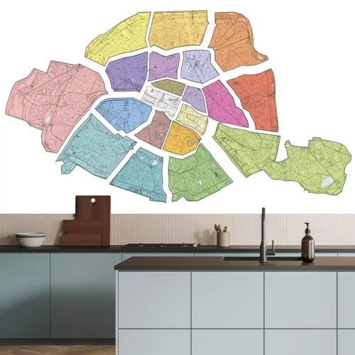 Sticker  Satellite map of Paris, the capital and most populous city of France. Division of the city into areas,  arrondissement, municipalities. Streets of the capital. France