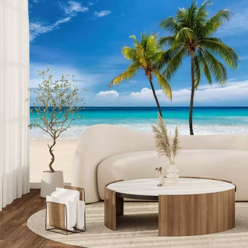 Papier peint  Tropical white sand beach with coco palms and the turquoise sea on Caribbean island.