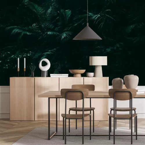 Papier peint  Jungle sombre aux feuilles exotiques