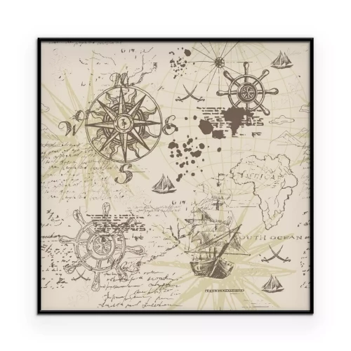 Poster  Vector abstract seamless background on the theme of travel, adventure and discovery. Old hand drawn map with vintage sailing yachts, wind rose, routs, nautical symbols and handwritten inscriptions