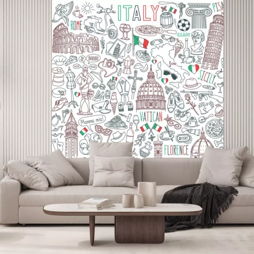 Sticker  Italy doodle set. Famous landmarks and traditional Italian symbols - architecture, cuisine, Venice carnival. Objects isolated on white background