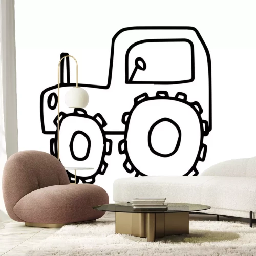 Sticker  Vector Doodle childish tractor hand drawn on an isolated white background. Sketch  black line icon. Design for cards, coloring, textiles, packaging paper, stickers, web and mobile.