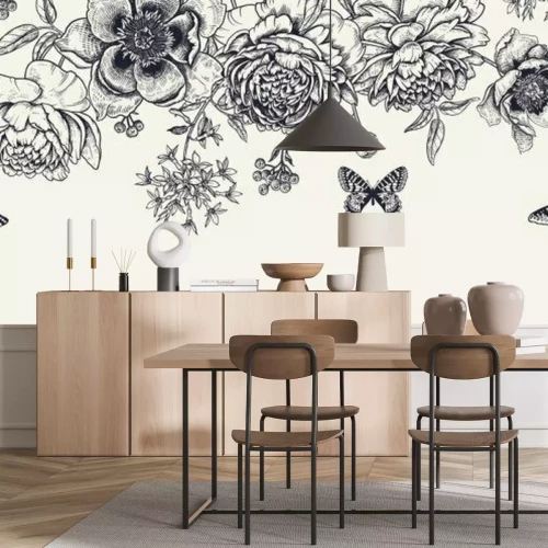 Papier peint  Papillons au milieu de fleurs de pivoine dans un style vintage