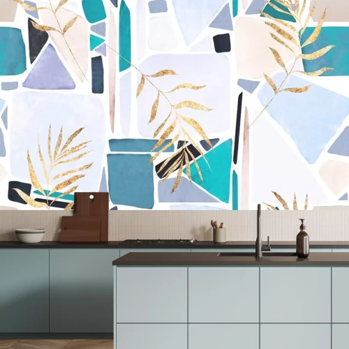 Sticker  watercolor seamless pattern with tropic leaves and mosaic. Hand drawn background.  Botanic pattern for wallpaper or fabric. Exotic Tile.