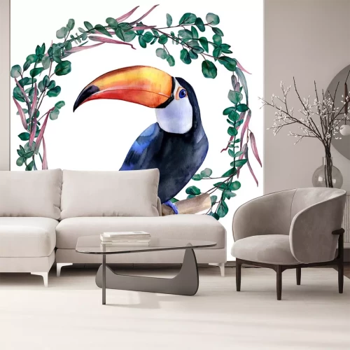 Sticker  Watercolor hand painted colorful realistic illustration of toucan bird sitting on a branch inside eucalyptus wreath.