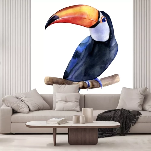 Sticker  Watercolor hand painted colorful realistic illustration of toucan bird sitting on a branch. Isolated element on white background.