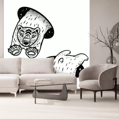 Sticker  Polar bear in magic teleport. Linear black and white drawing. Ideal for coloring print