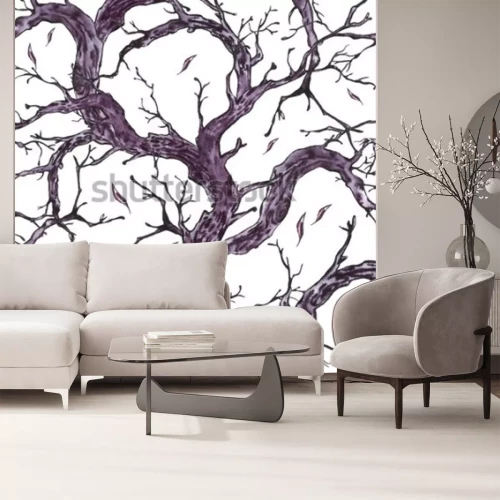 Sticker  Monochrome aquarelle dessiné modèle sans couture avec des branches d'arbres, brindilles. Texture naturelle. Illustration noir et blanc sur fond blanc