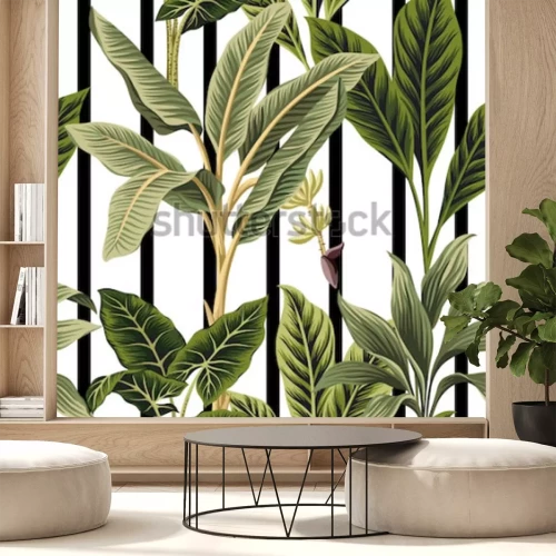 Sticker  Plantes tropicales sur un fond ligné noir et blanc