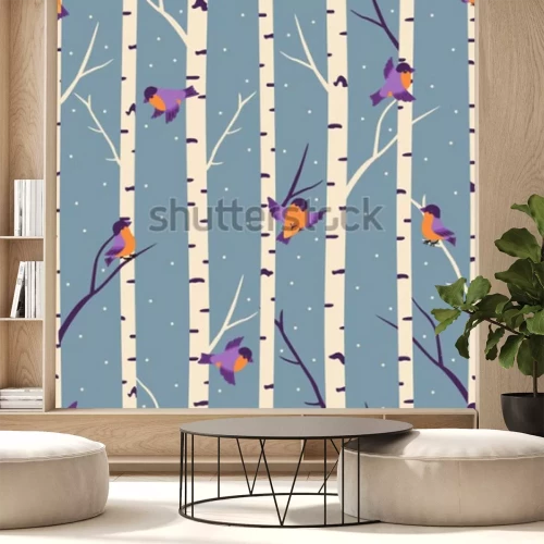 Sticker  Modèle sans couture hiver avec bouvreuils et bouleaux.