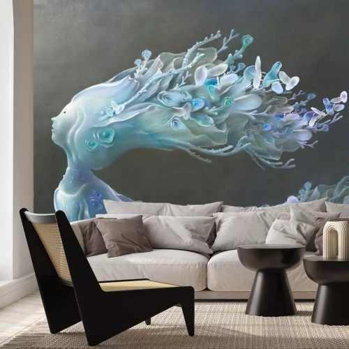 Sticker  Imagination lonely girl with nature head looking for the light, fantasy art, hope concept, surreal painting, freedom