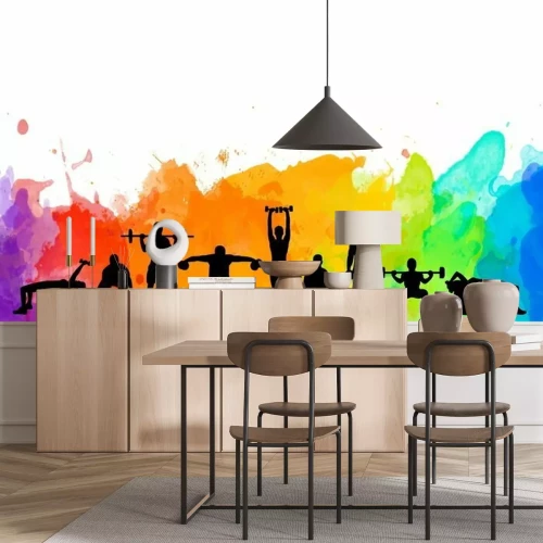 Papier peint  Silhouettes humaines faisant des exercices sur fond aquarelle