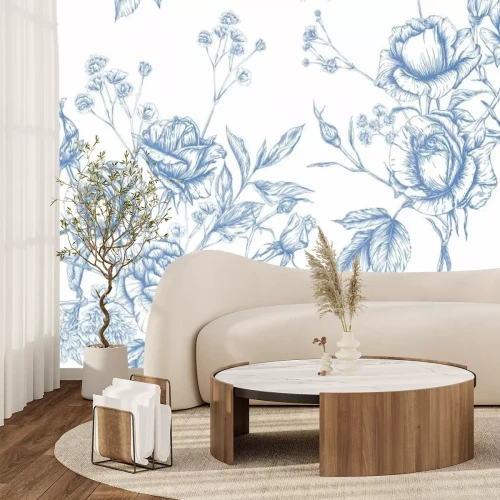 Papier peint  Fleurs bleues en style esquisse sur fond blanc