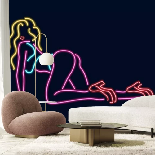 Sticker  Neon silhouette of girl. Vector illustration isolated on dark background