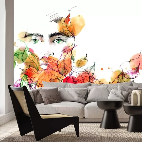 Sticker  Visage masculin et feuilles aux couleurs d'automne