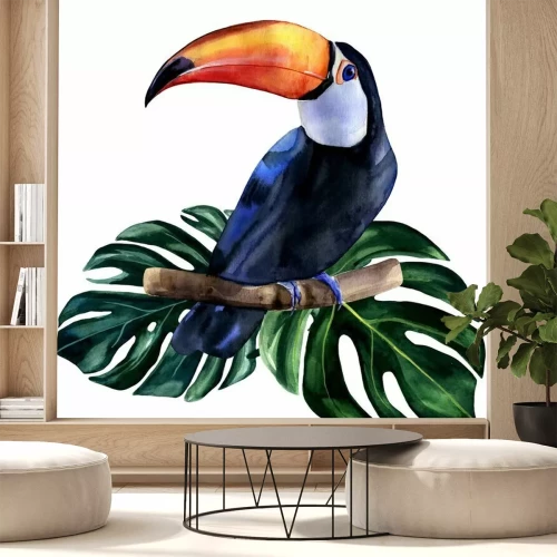 Sticker  Watercolor hand painted colorful realistic illustration of toucan bird with monstera leaves. Bright tropical composition is perfect for invitation for thematic wedding or party.