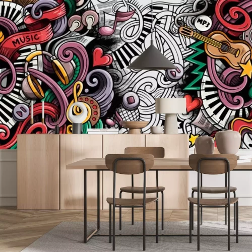 Sticker  Music hand drawn doodle banner. Cartoon detailed illustrations.