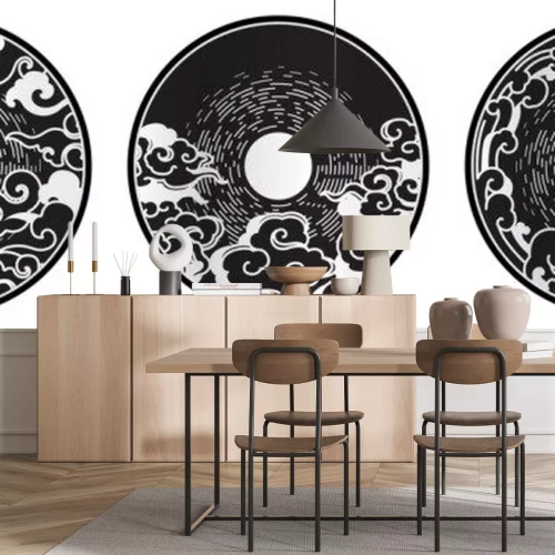 Sticker  Moon and clouds decorative design element symbol. Oriental art and illustration.