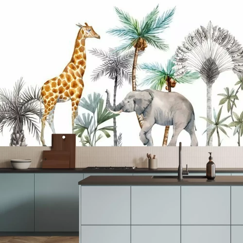 Sticker  Éléphant et girafe sur fond de palmiers