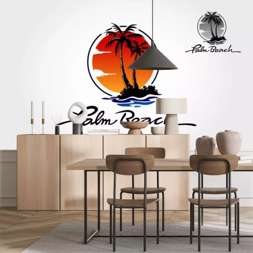 Sticker  Palm Beach Logo Template, Water ocean waves with sun, palm tree and beach, for restaurant and hoteling. Palm Beach logo is fully customizable; it can be easily edit to fit your needs.