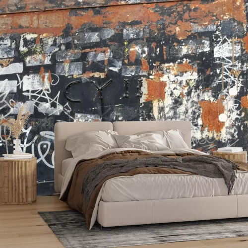 Sticker  rusty and damaged metal square with frame, graffiti and old stickers peeled off