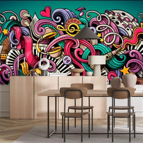 Sticker  Music hand drawn doodle banner. Cartoon detailed illustrations.