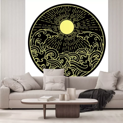 Sticker  sunshine and water wave in round shape.Oriental symbolic illustration.