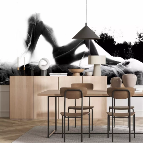 Papier peint  Slender nude girl, covered by a cellophane film, through which only her silhouette is visible and her nakedness is covered, in the ruins of a destroyed building. Conceptual, artistic, creative design.