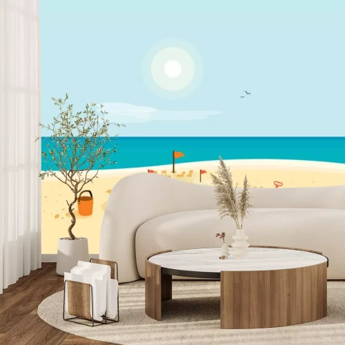 Sticker  Lonely sand castle on sandy beach with blue sea ocean water and coast line clear summer sunny sky in background. Kid toys left on sand on holiday. Minimalist cartoon style flat vector illustration.