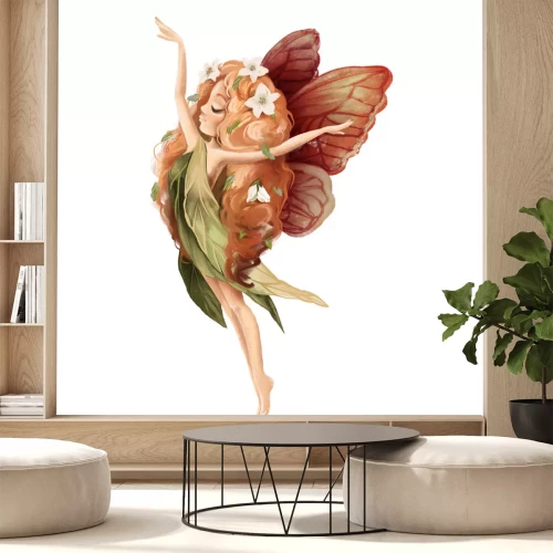 Sticker  Cute hand drawn fairy with owl in floral wreath, flowers bouquet, woodland watercolor illustration