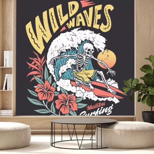 Sticker  Vintage graphic of a surfing skeleton with hibiscus flowers