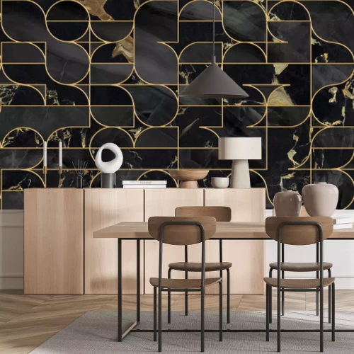 Sticker  Seamless pattern design with golden geometric lines, black marble surface, modern luxurious background