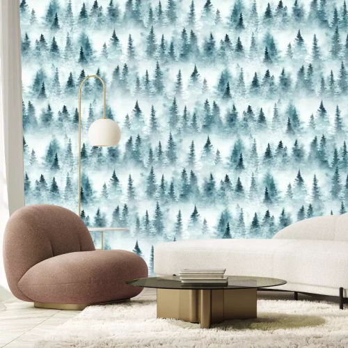 Sticker  Seamless pattern with foggy spruce forest. Fir trees isolated on white background.