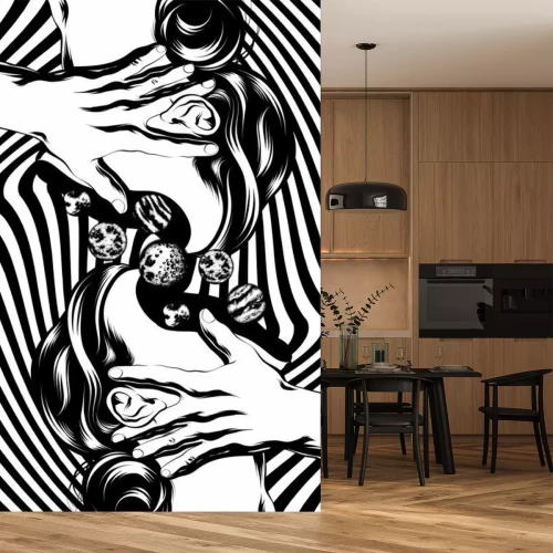 Sticker  Vector hand drawn illustration of girls with planets . Creative  artwork. Template for card, poster. banner, print for t-shirt, pin, badge, patch.