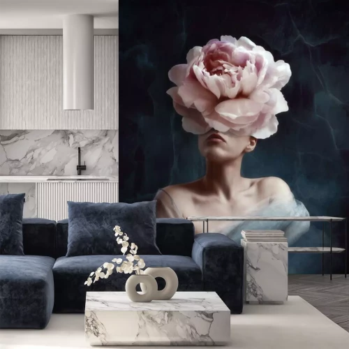 Papier peint  Conception artistique surréaliste d'une femme avec une tête de pivoine