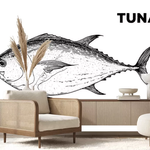 Sticker  Tuna fish sketch. Hand drawn vector illustration. Seafood design element for packaging. Engraved style illustration. Can used for packaging design
