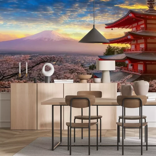 Papier peint  Coucher de soleil sur fond de montagnes et de fleurs de cerisier