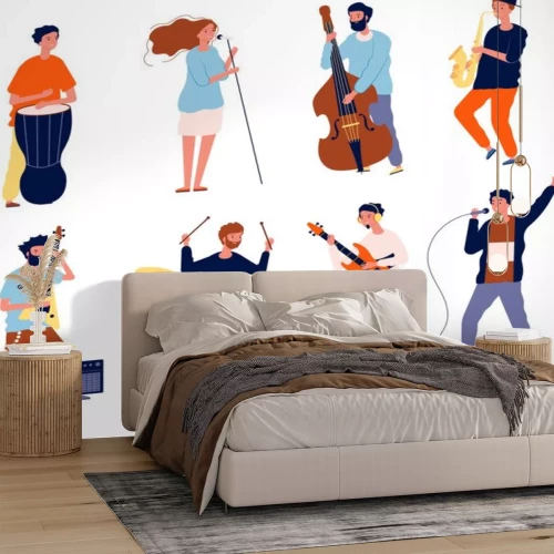 Sticker  Music band characters. Rock group musicians singing and playing at instrument performing stage vector background. Rock concert, musical band, musician group performance illustration