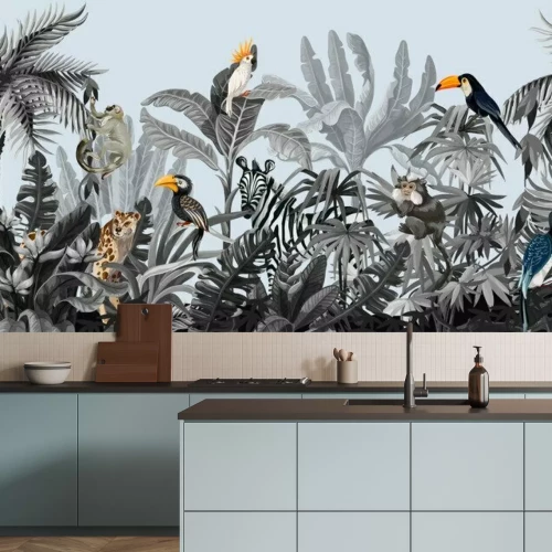 Papier peint  Seamless border with jungle trees and animals in monochrome style.