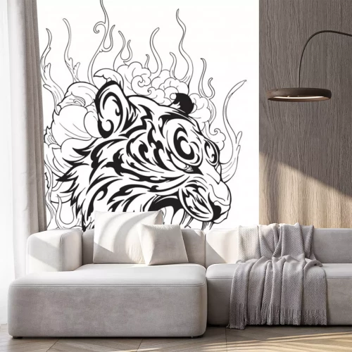 Sticker  Tiger head in roar with lotus flower decorate with cloud or smoke design with oriental  Japanese tattoo style vector 