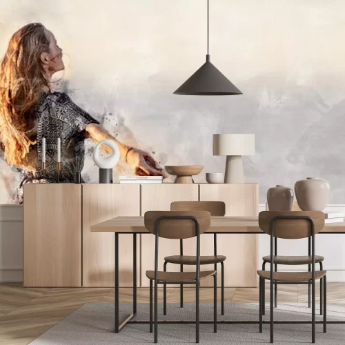 Sticker  Christian worship and praise. A young woman is praying and worshiping in the evening. Watercolor style. Copy space.