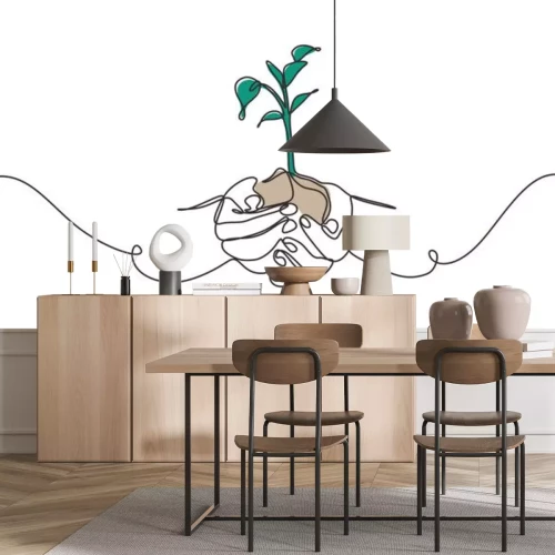 Sticker  Continuous one line drawing of plant in hand. Hands holding nature sign and symbol vector illustration. Minimalism design and simplicity sketch hand drawn.