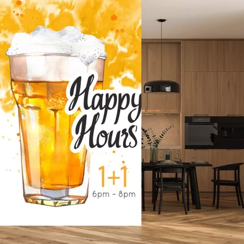 Sticker  Happy hours poster. Watercolor illustration with glass of lager beer in picturesque style for bar. Drink menu for celebration. Special offer.