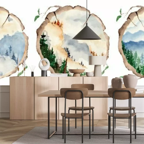 Sticker  watercolor landscape with pine and fir trees and mountains abstract nature background