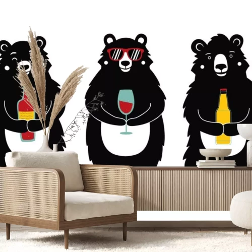 Sticker  Vector illustration with bears holding drinks - wine bottle, red wine glass and beer.
