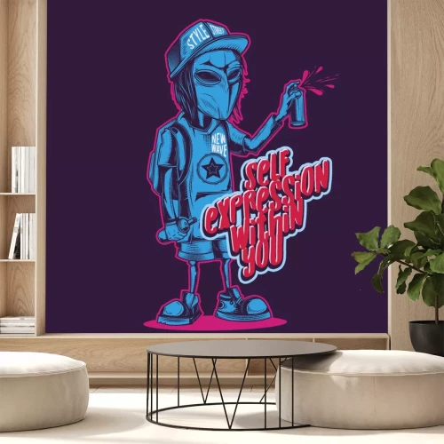 Sticker  Neon Alien with a can of paint in his hands. Vector illustration in retro style. Design for stickers or t-shirt.