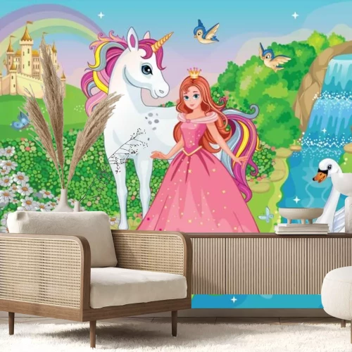 Papier peint  Princesse et licorne dans un pays féerique avec château