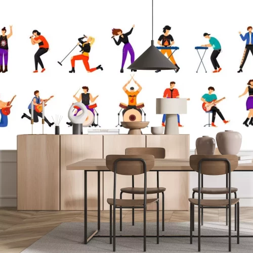 Sticker  Rock musicians flat vector illustrations set. Music band members. Guitarists, drummers, lead vocalists, keyboardists. People playing musical instruments. Isolated cartoon characters